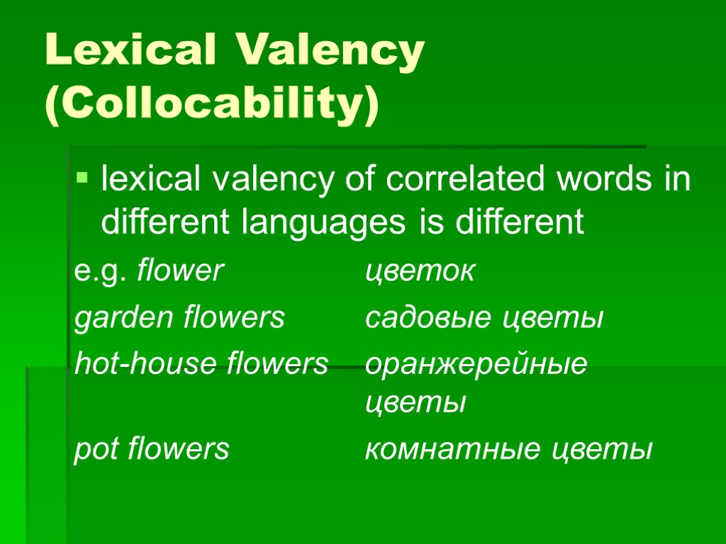 Lexical Valency (Collocability) lexical valency of correlated words in different languages is different e.g.
